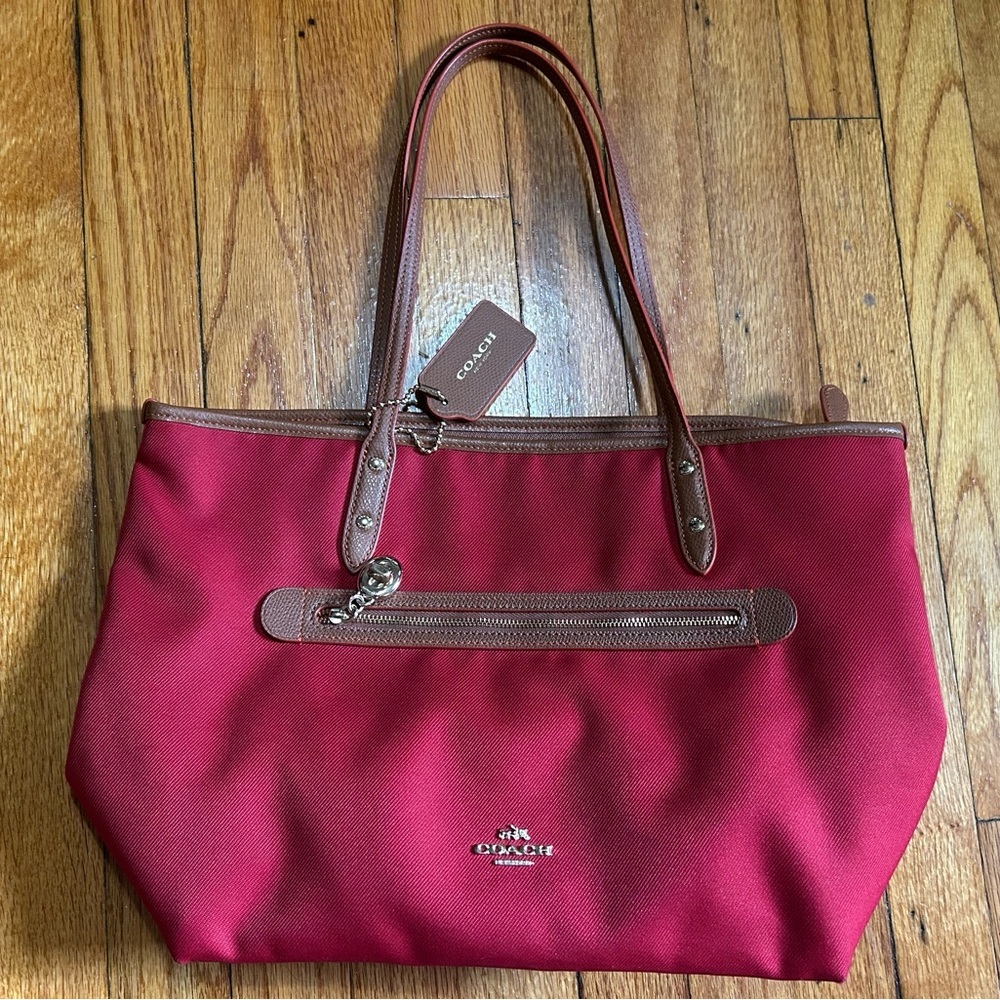 Coach Sawyer Tote Classic Red Canvas Pockets Deep Wide Orange Interior - Picture 1 of 16